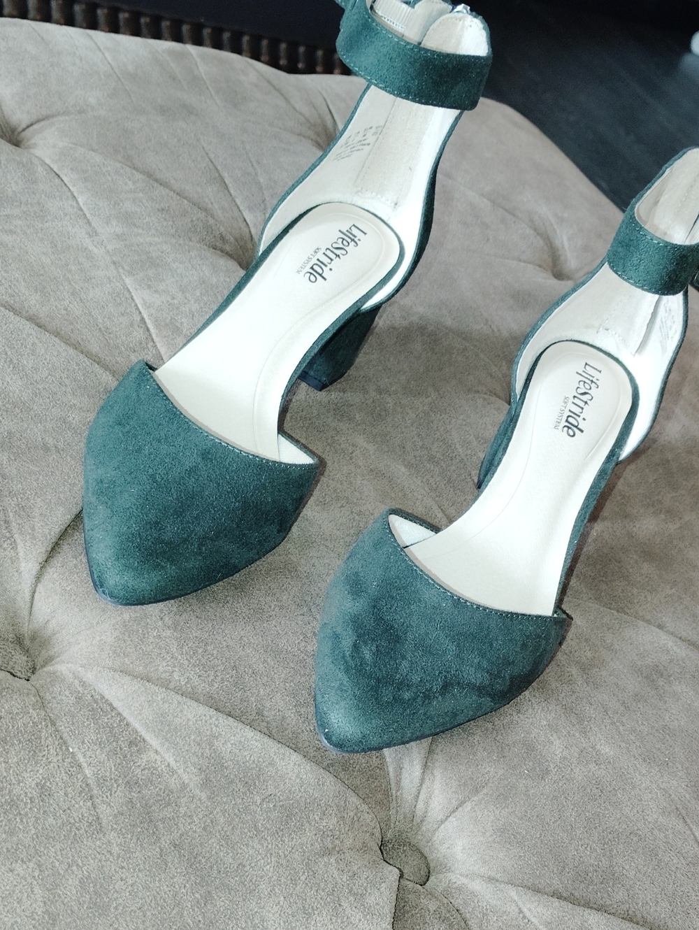 Life Stride Army Green Suede Pointed-Toe Ankle-Strap Heels